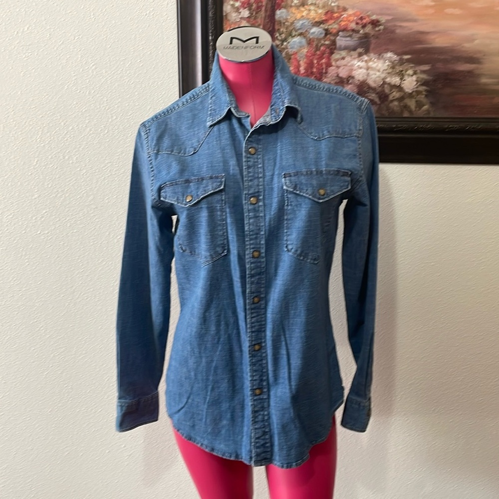 Wrangler Western Brown Pearl Snap Stretch Denim Long Sleeve Shirt Women's Small